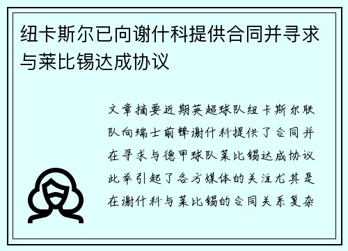 纽卡斯尔已向谢什科提供合同并寻求与莱比锡达成协议